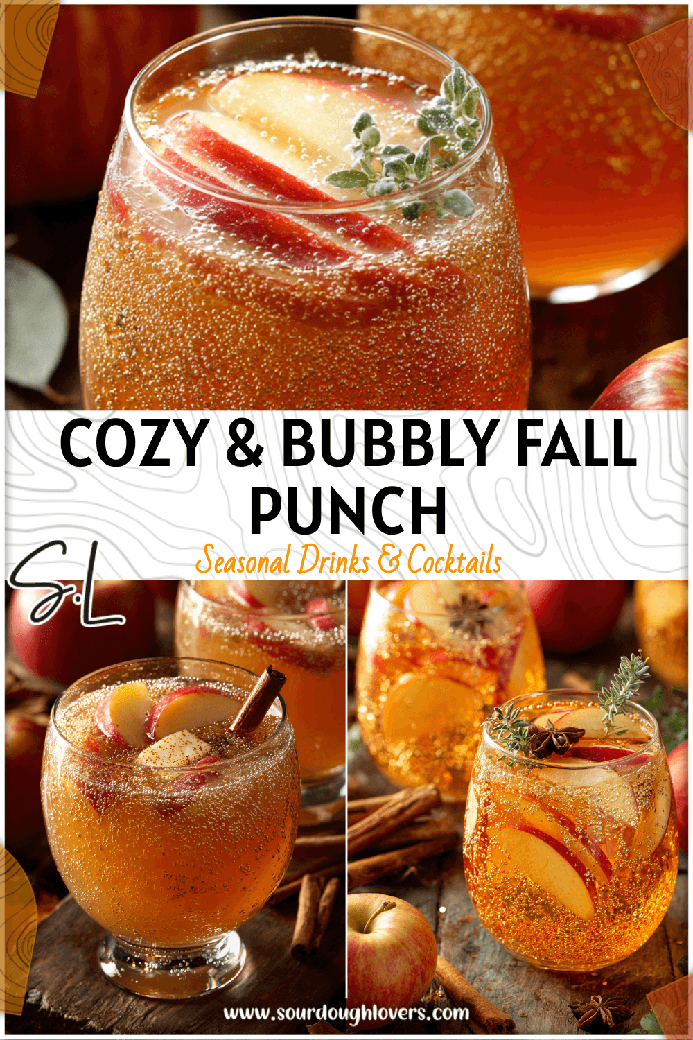 Rustic wooden table with sparkling fall cider punch garnished with apples for autumn celebration